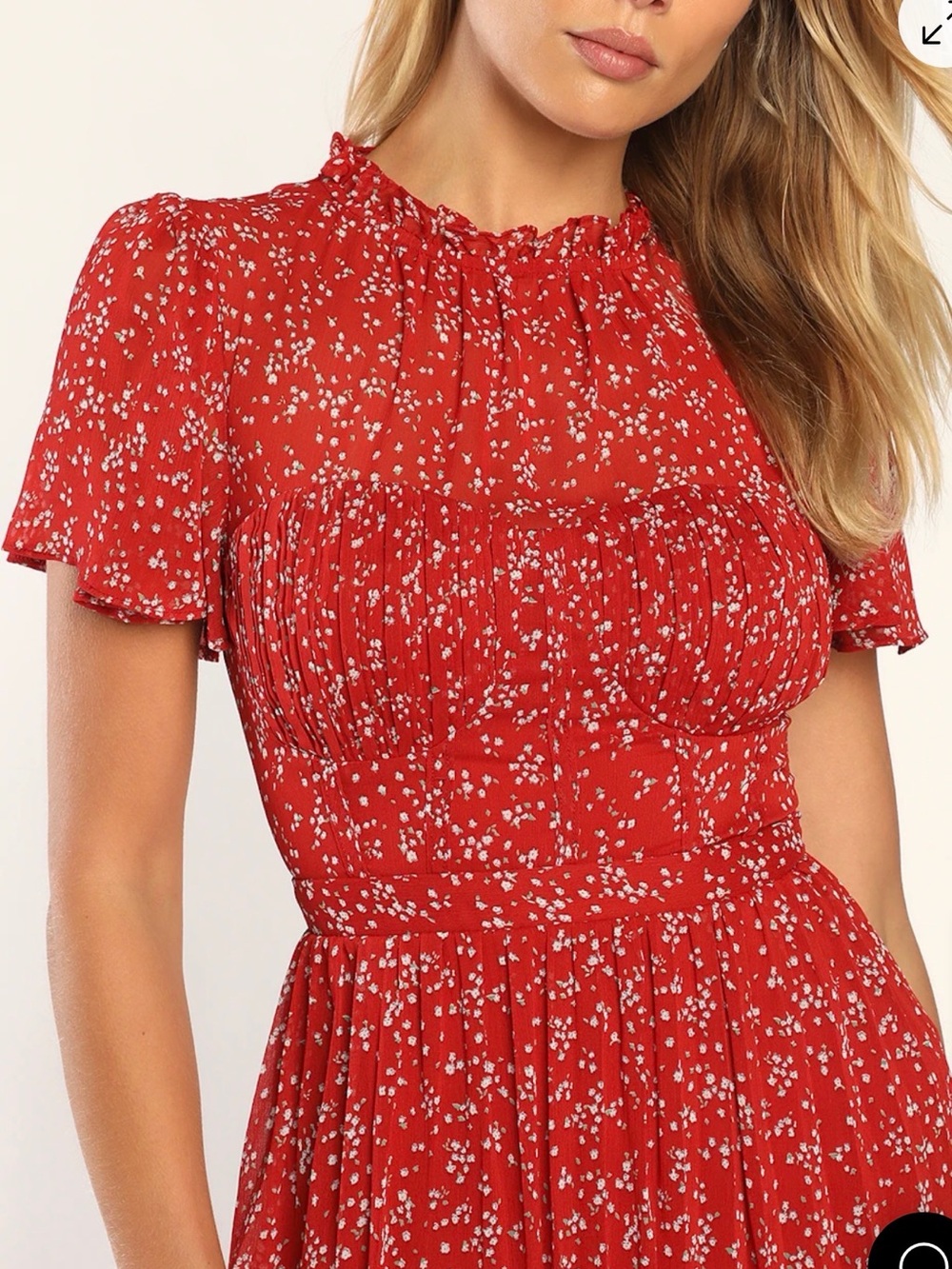 Lulus,Romantic Imaginings Red Floral Flutter Sleeve Midi Dress, Large - Picture 2 of 3